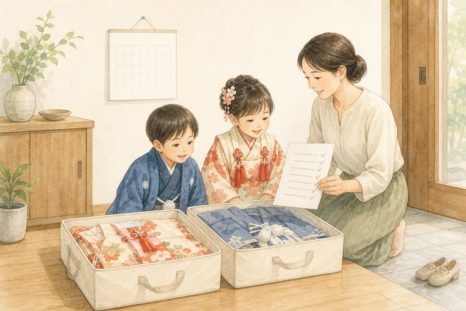 兄弟姉妹2人分の七五三衣装と返却計画を確認する家族