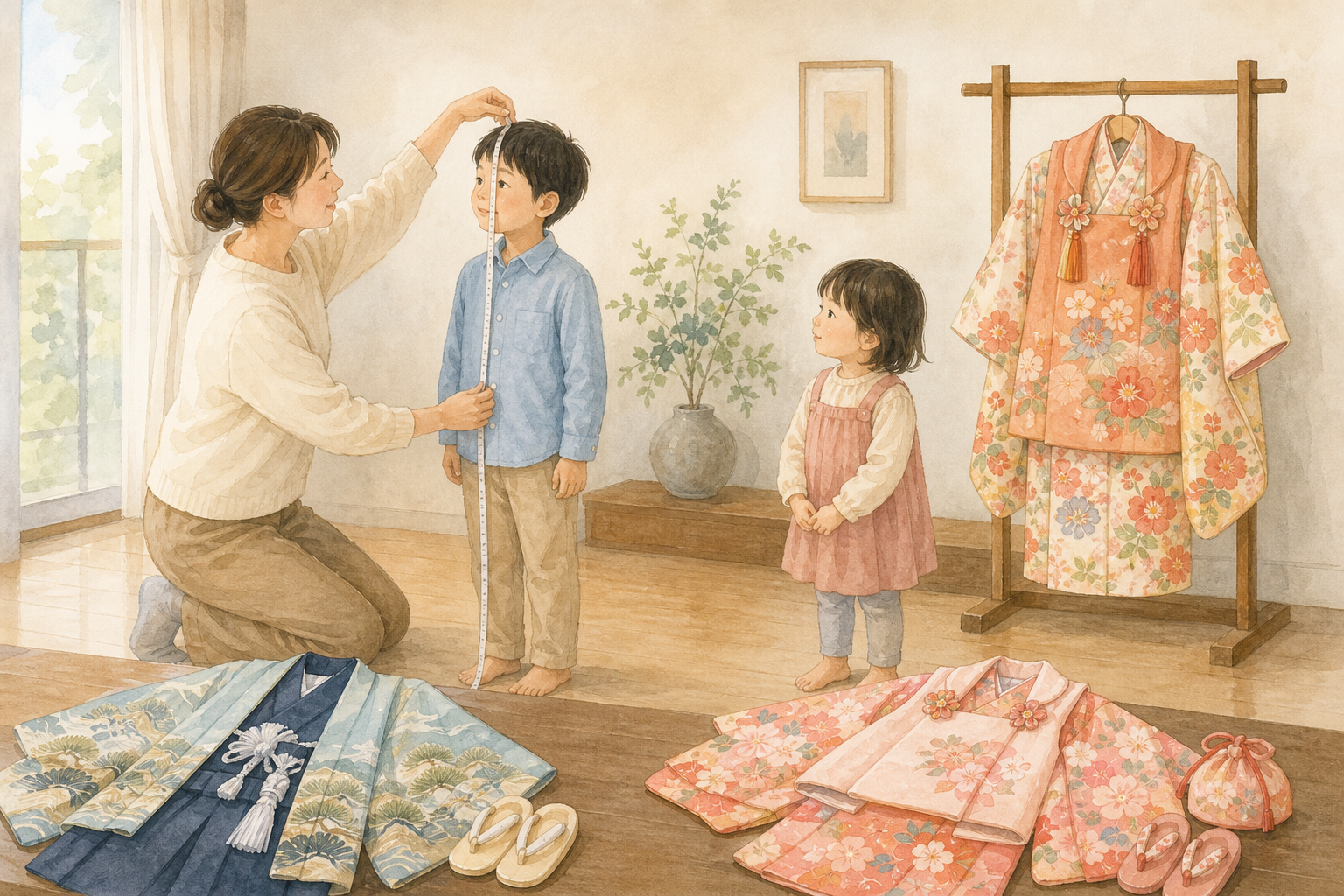 七五三レンタル前に兄弟姉妹を一人ずつ採寸する家族