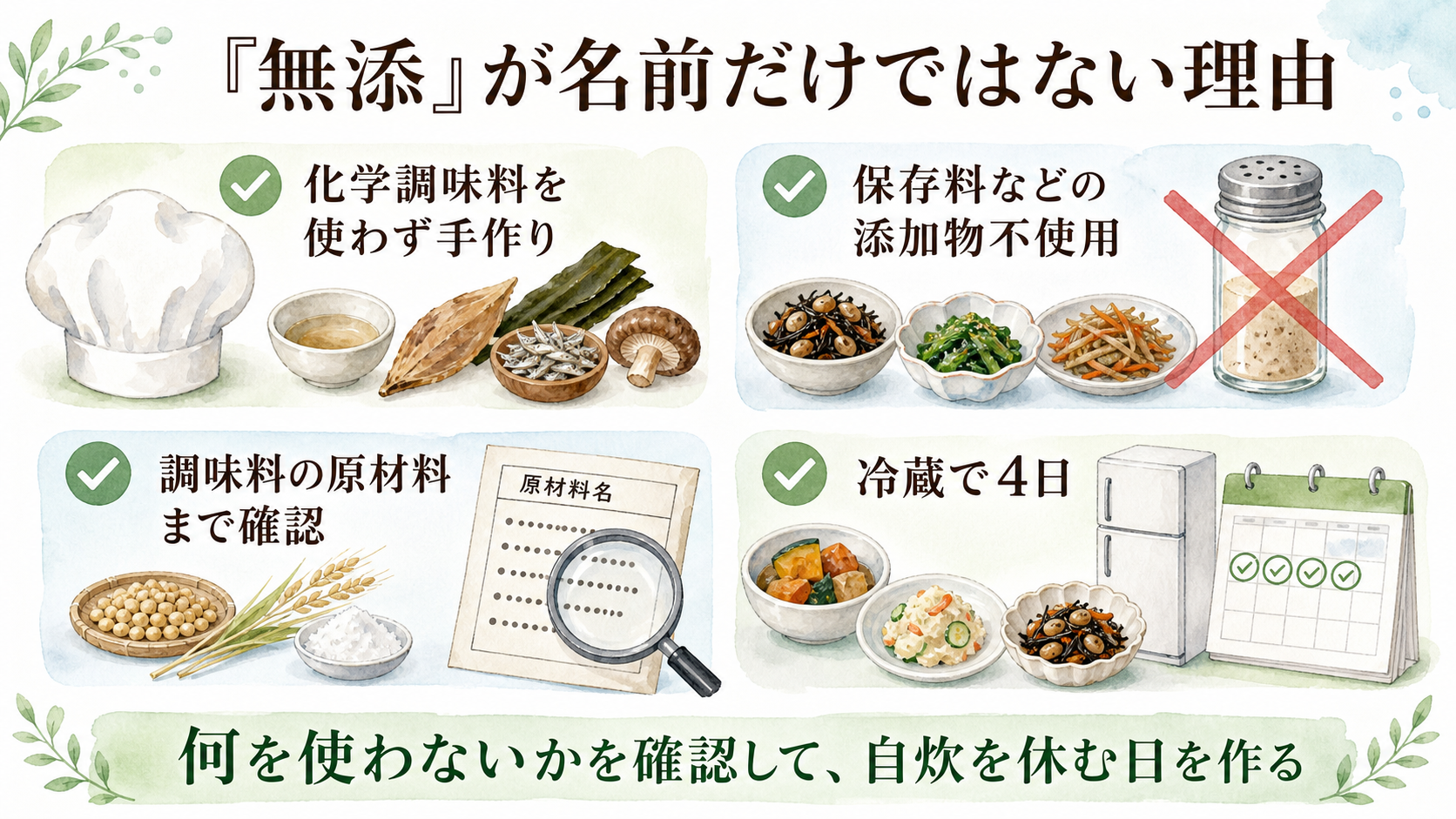 化学調味料不使用、保存料などの添加物不使用、調味料の原材料確認、冷蔵4日を示した図解