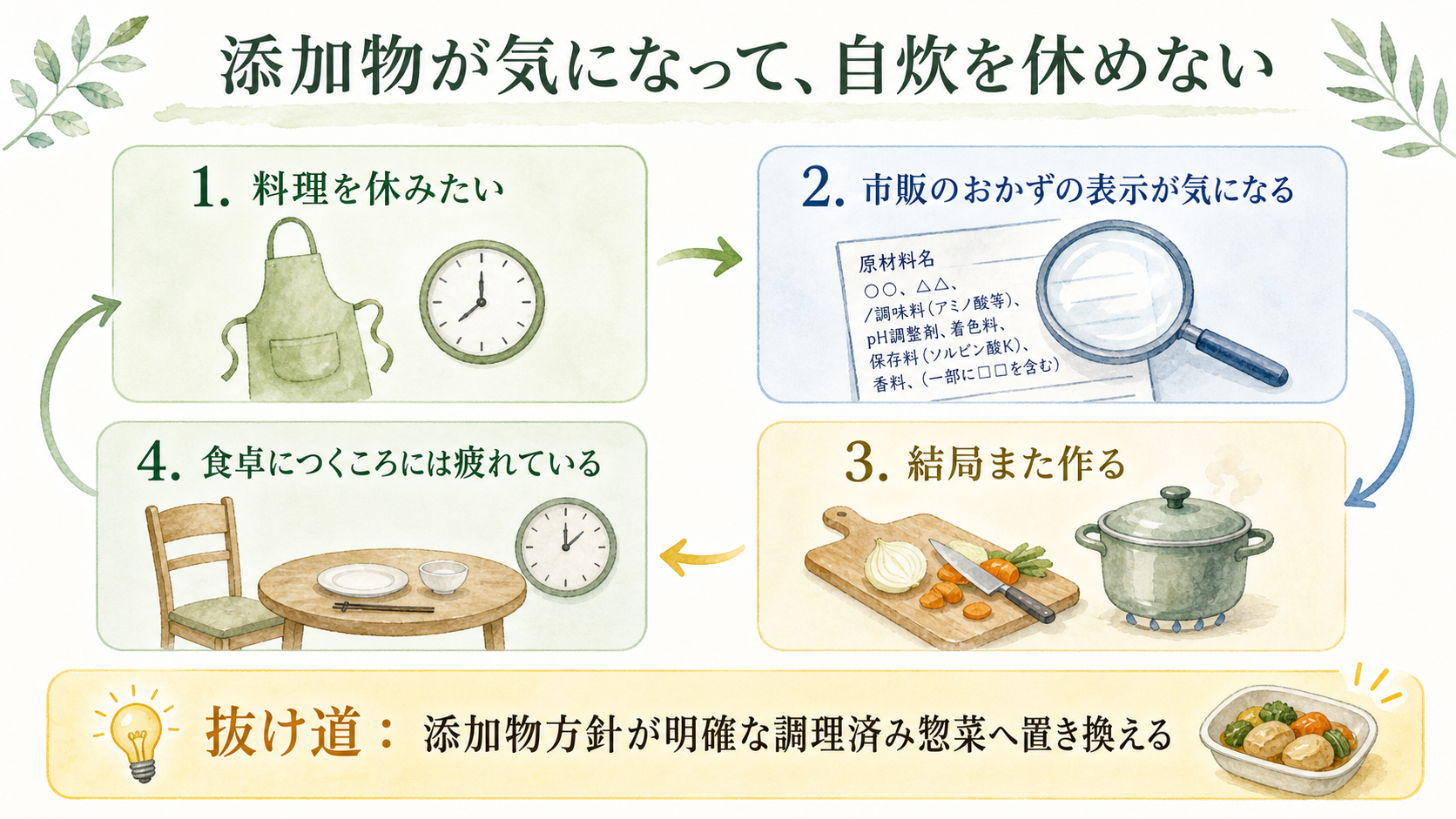 添加物が気になり市販のおかずを選べず、結局また自炊して疲れる流れを示した図解