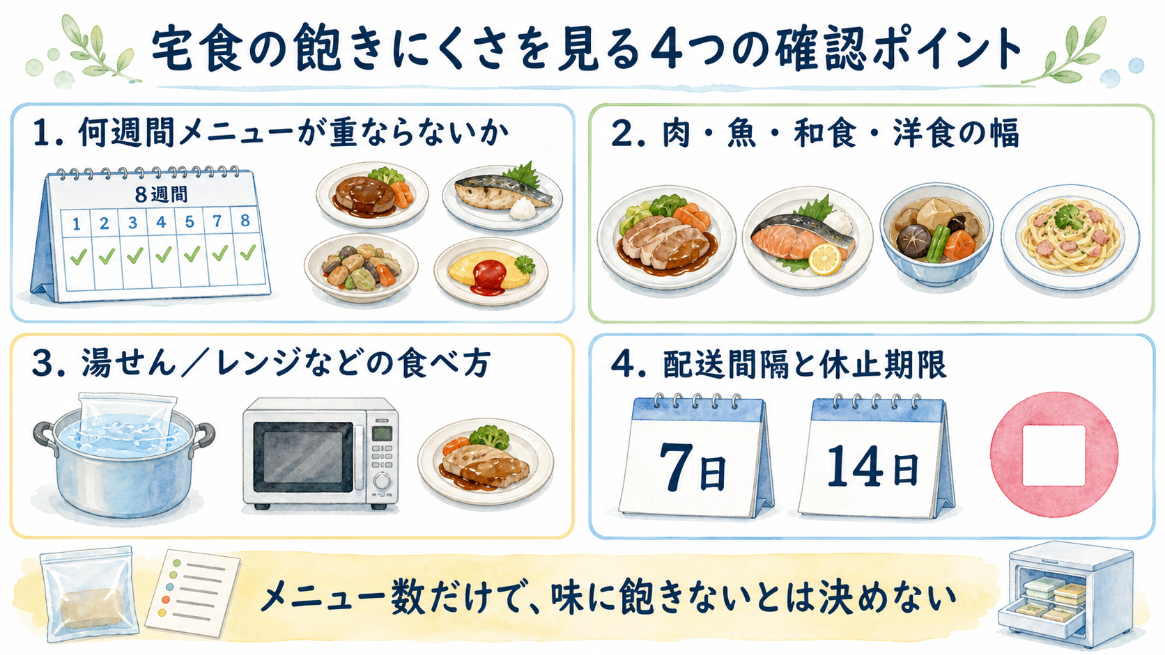 宅食の飽きにくさを見る4つの確認ポイントをまとめた図解