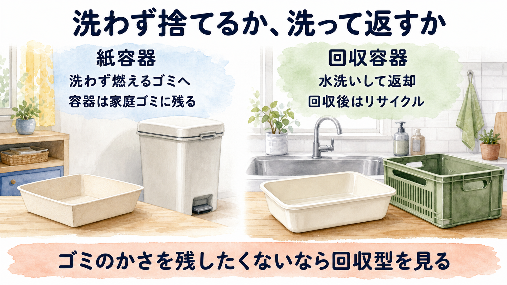 紙容器を燃えるゴミへ捨てる方法と、容器を水洗いして返却しリサイクルする方法の違い