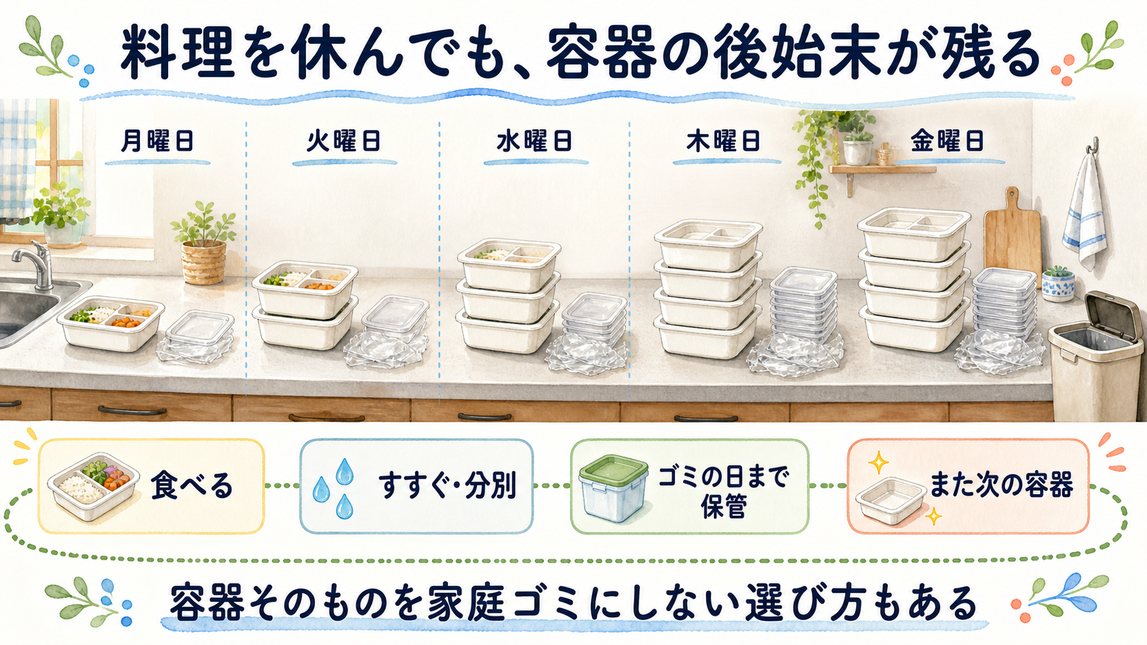 平日5日間で宅食容器が増え、すすぎと分別と保管が繰り返される流れを示した画像