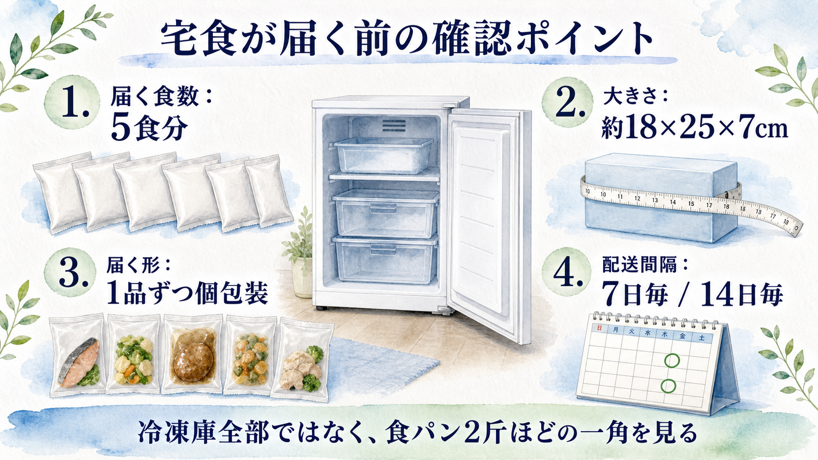 宅食が届く前に食数、大きさ、個包装、配送間隔を確認する人物なし図解