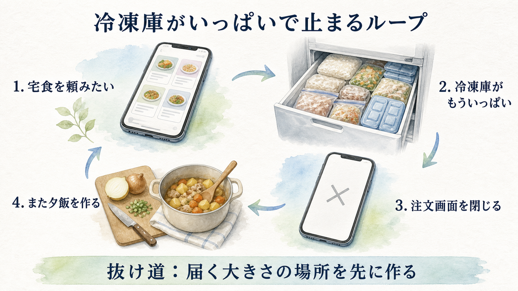 冷凍庫がいっぱいで宅食の注文画面を閉じる流れを人物なしで示した図解