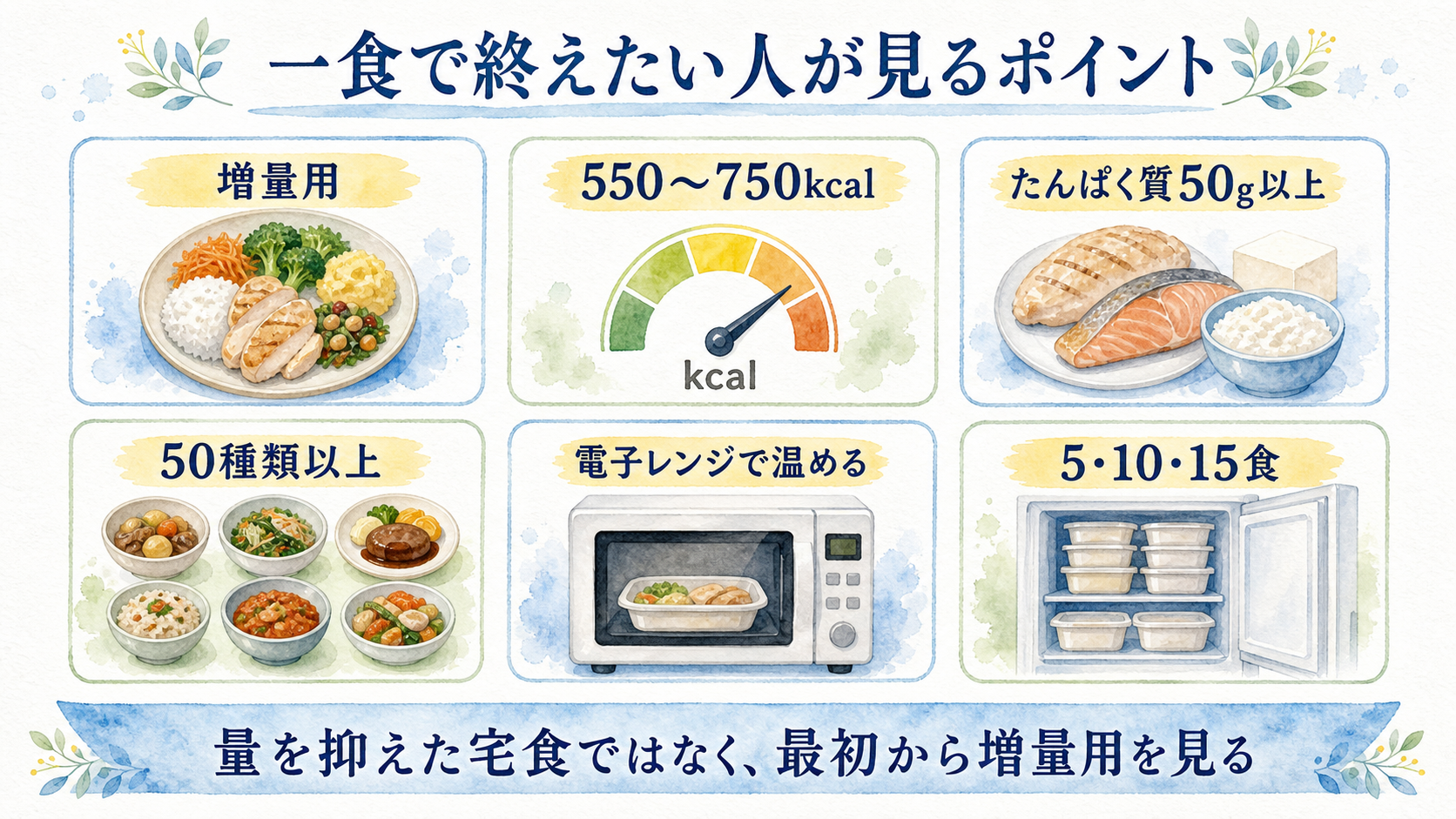 増量用550から750キロカロリーなど一食で終えたい人が見るポイントを示した図解