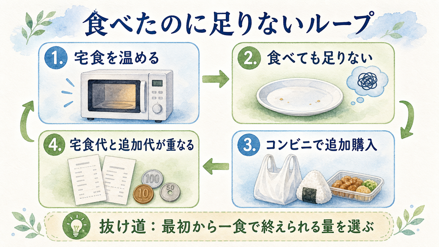 宅食を食べても足りずコンビニで追加購入して食費が重なる流れを示した図解
