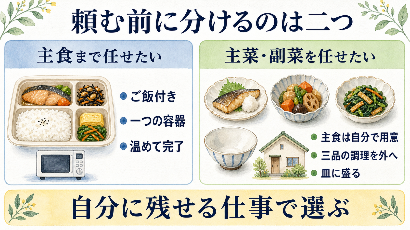 主食まで任せたい人と主菜副菜を任せたい人の違いを人物なしで示した図解