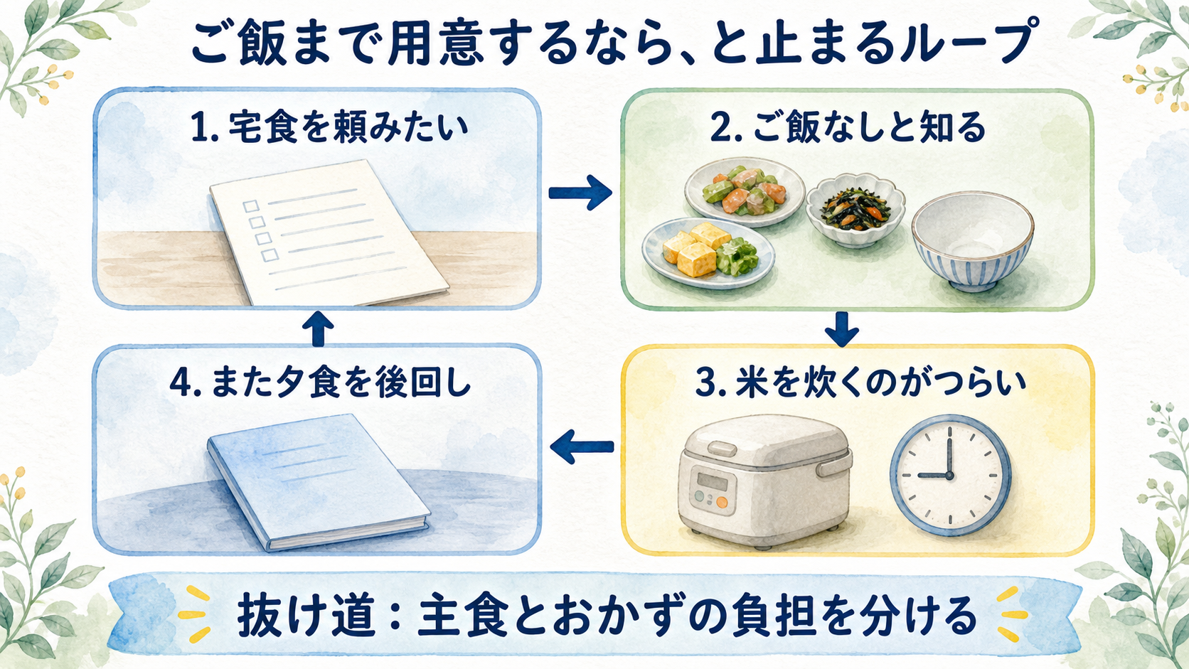 宅食を頼みたいがご飯を炊く負担で夕食を後回しにする流れを人物なしで示した図解