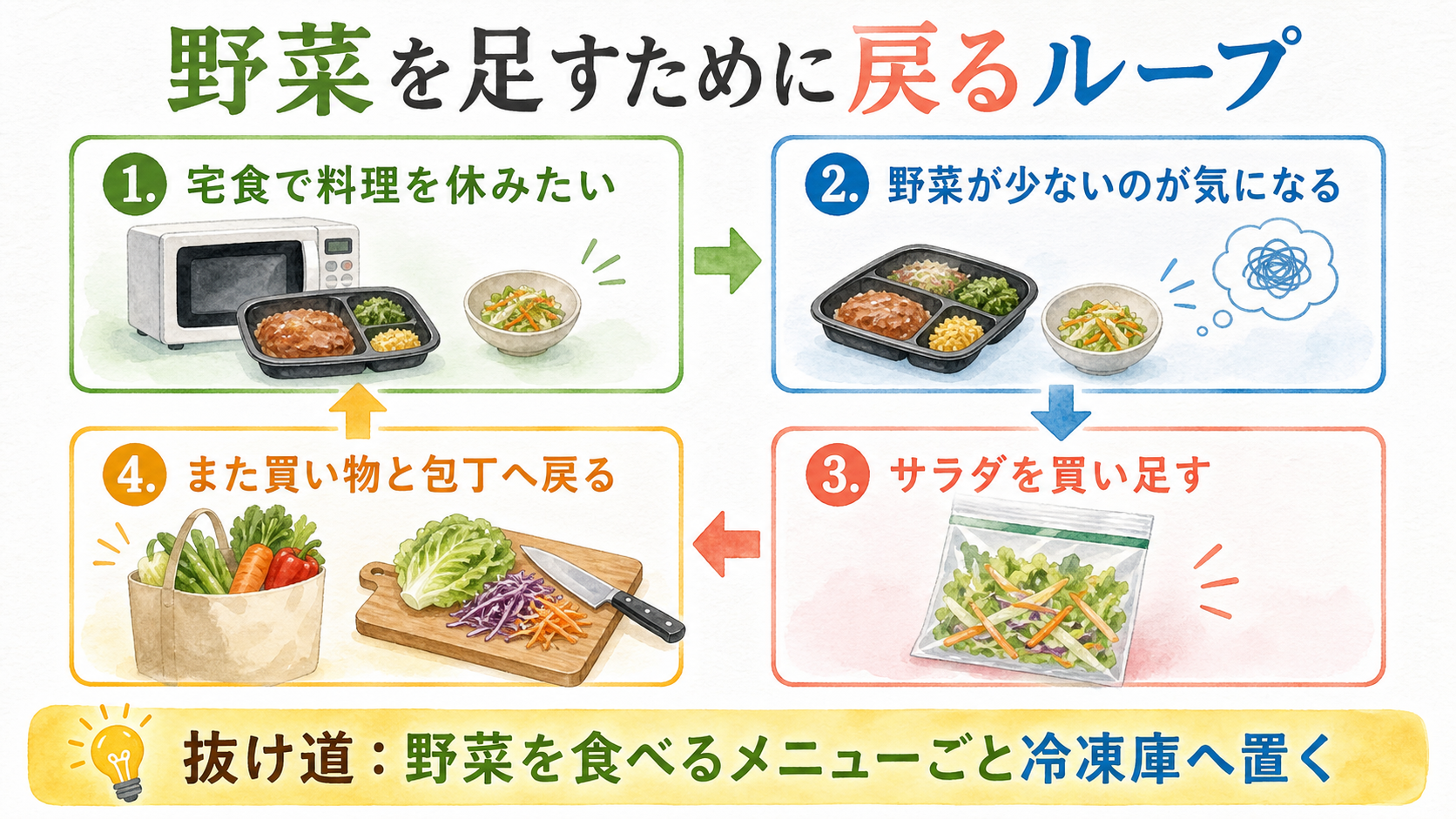 宅食の野菜不足を補うためサラダを買い、買い物と包丁へ戻る流れを示した図解