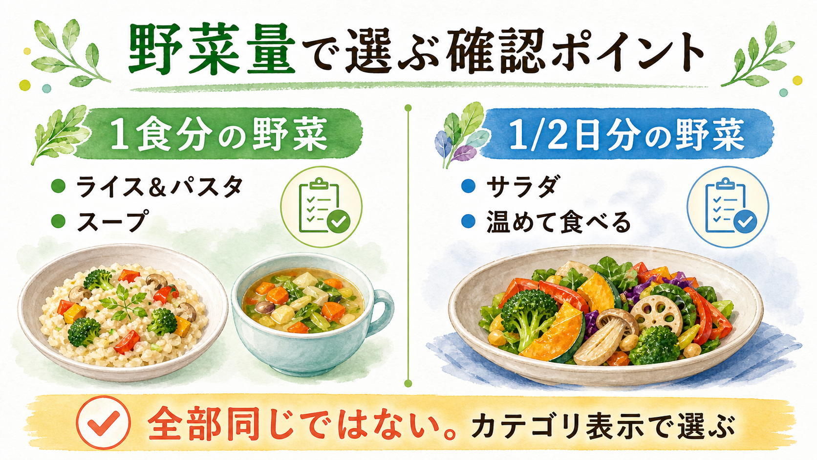 1食分の野菜がとれるライスやスープと、1日2分の1の野菜がとれるサラダを示した確認図