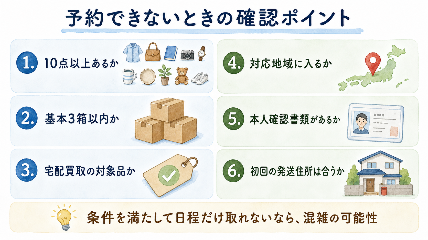 トレファク宅配買取で予約できないときに確認する点数、箱数、対象品、地域、本人確認、発送住所の6項目