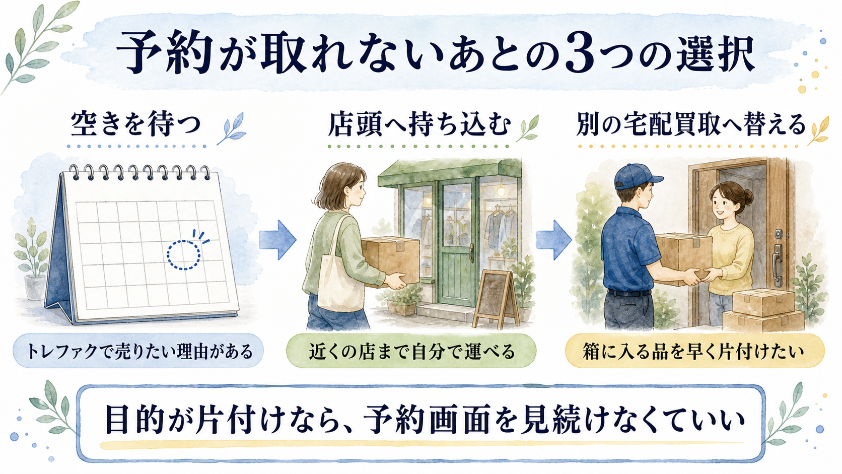 予約が取れないときに空きを待つ、店頭へ持ち込む、別の宅配買取へ替える3つの選択肢