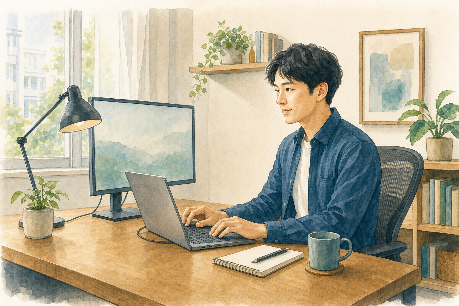 ノートパソコンと外部モニターで在宅ワークをする成人