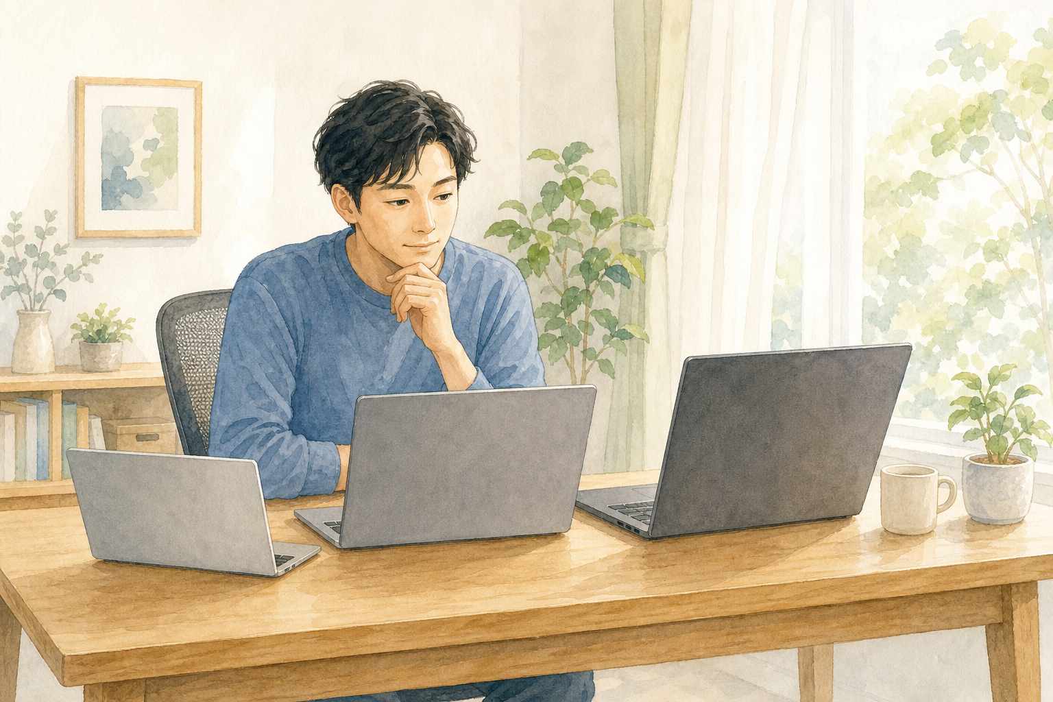 在宅ワーク用に大きさの異なる中古ノートパソコンを比較する成人