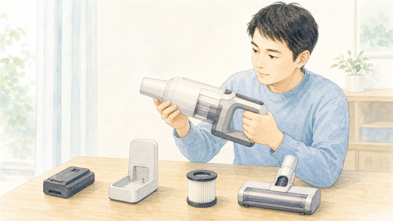 掃除機のバッテリーと充電台とフィルターを確認する成人