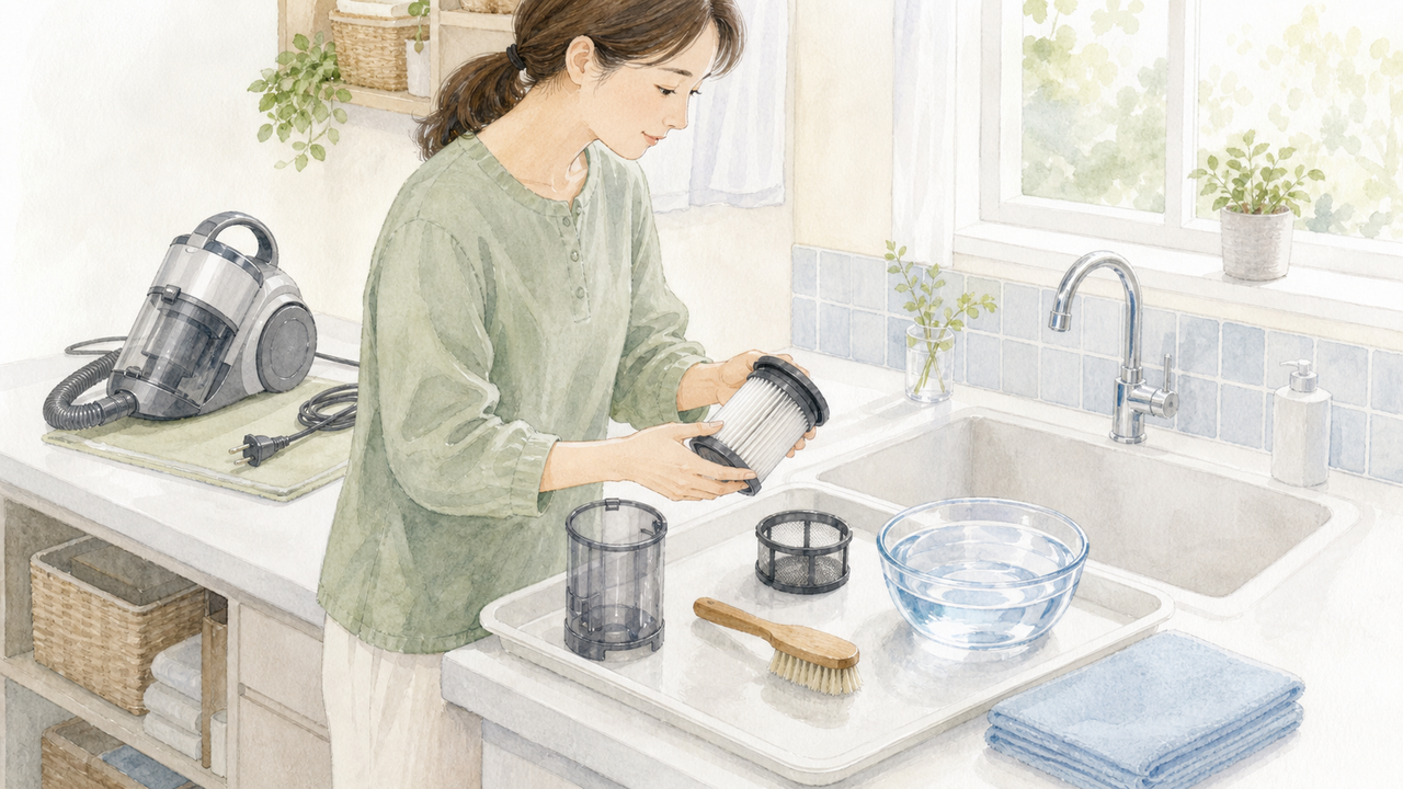 掃除機本体を水場から離して洗えるフィルターを確認する成人