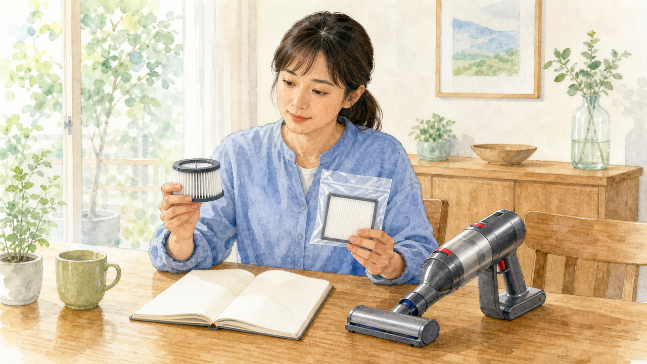 掃除機の乾燥済みフィルターと交換候補と本体を比べる成人