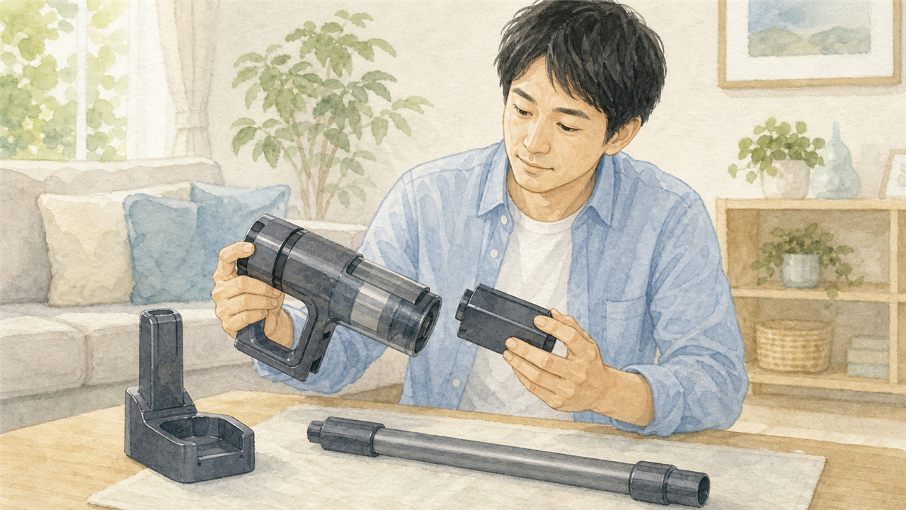 掃除機のバッテリーと充電台と接続部を確認する成人