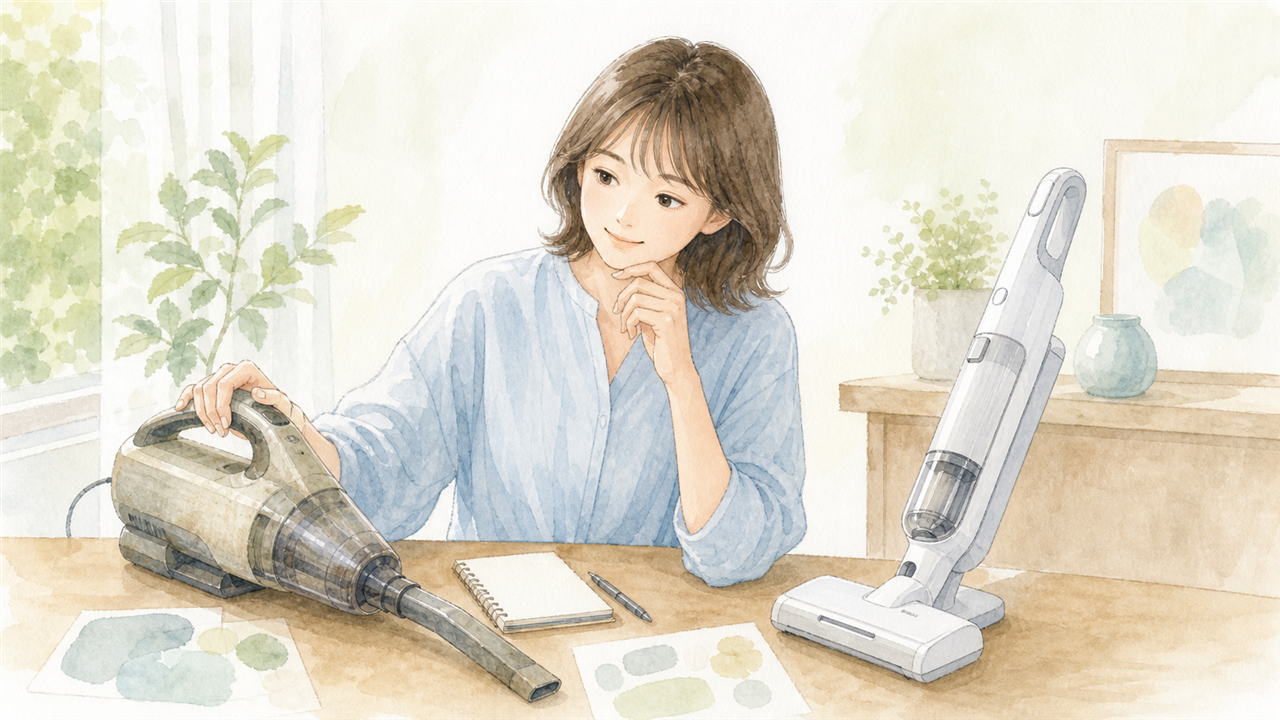 古い掃除機の修理と本体買い替えを比較する成人