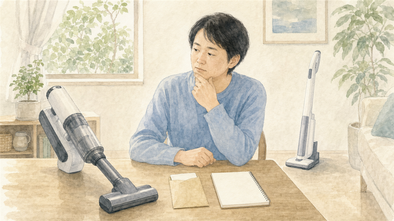 動かない掃除機の修理と買い替えを比較する成人