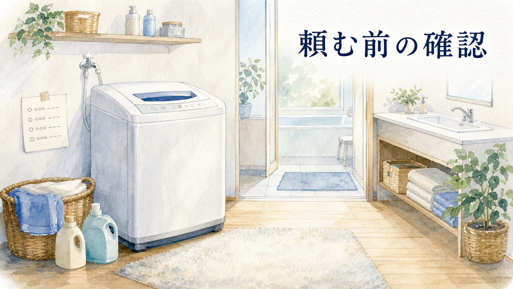 洗濯機の型式と周囲の作業スペースを確認する水彩イラスト