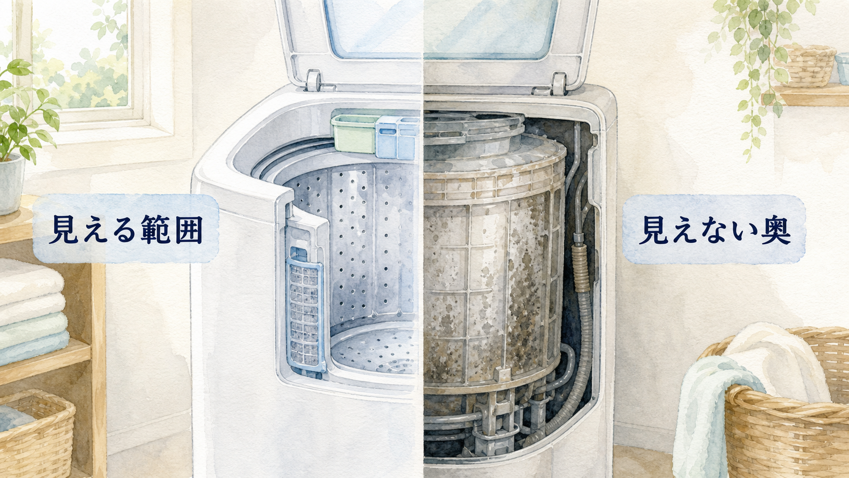 洗濯機の見える範囲と分解が必要な見えない奥を分けた水彩図