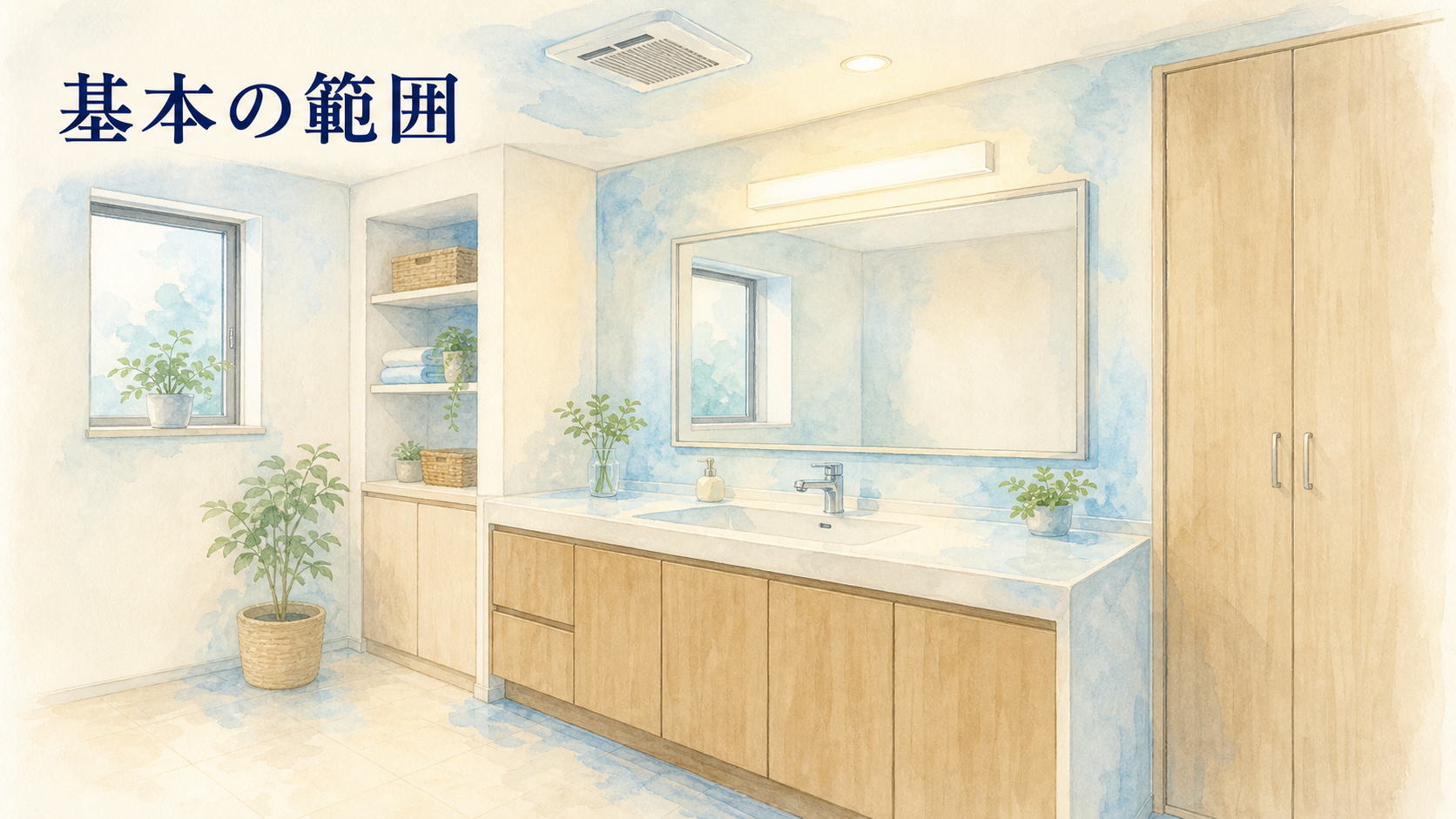 洗面所クリーニングの基本範囲を一室で示す水彩イラスト