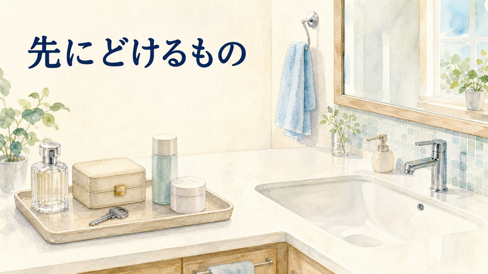 洗面所清掃前に貴重品と割れ物を移した水彩イラスト