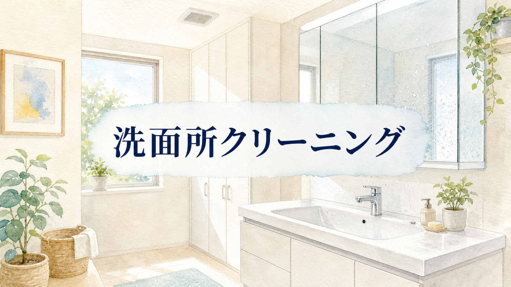 鏡と洗面台と床が見える洗面所クリーニングの水彩イラスト