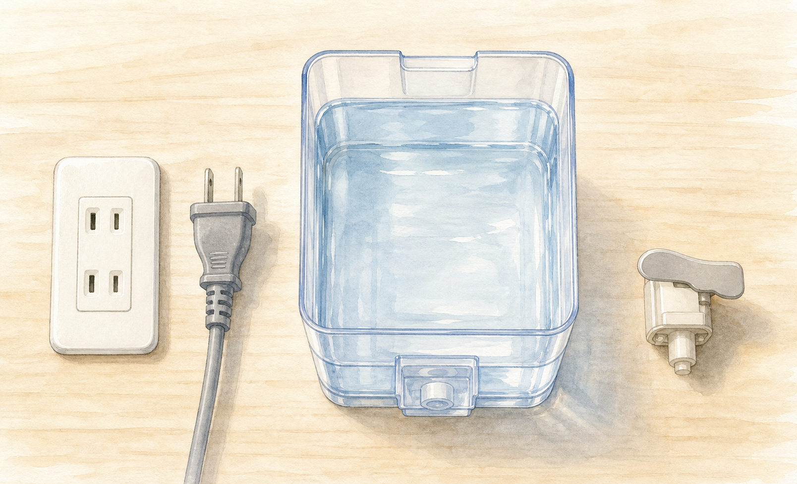 電源・貯水タンク・ロック部品を確認する水彩イラスト