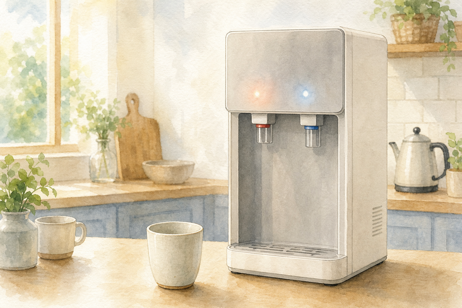 お湯が出ないウォーターサーバーと空のカップの水彩イラスト