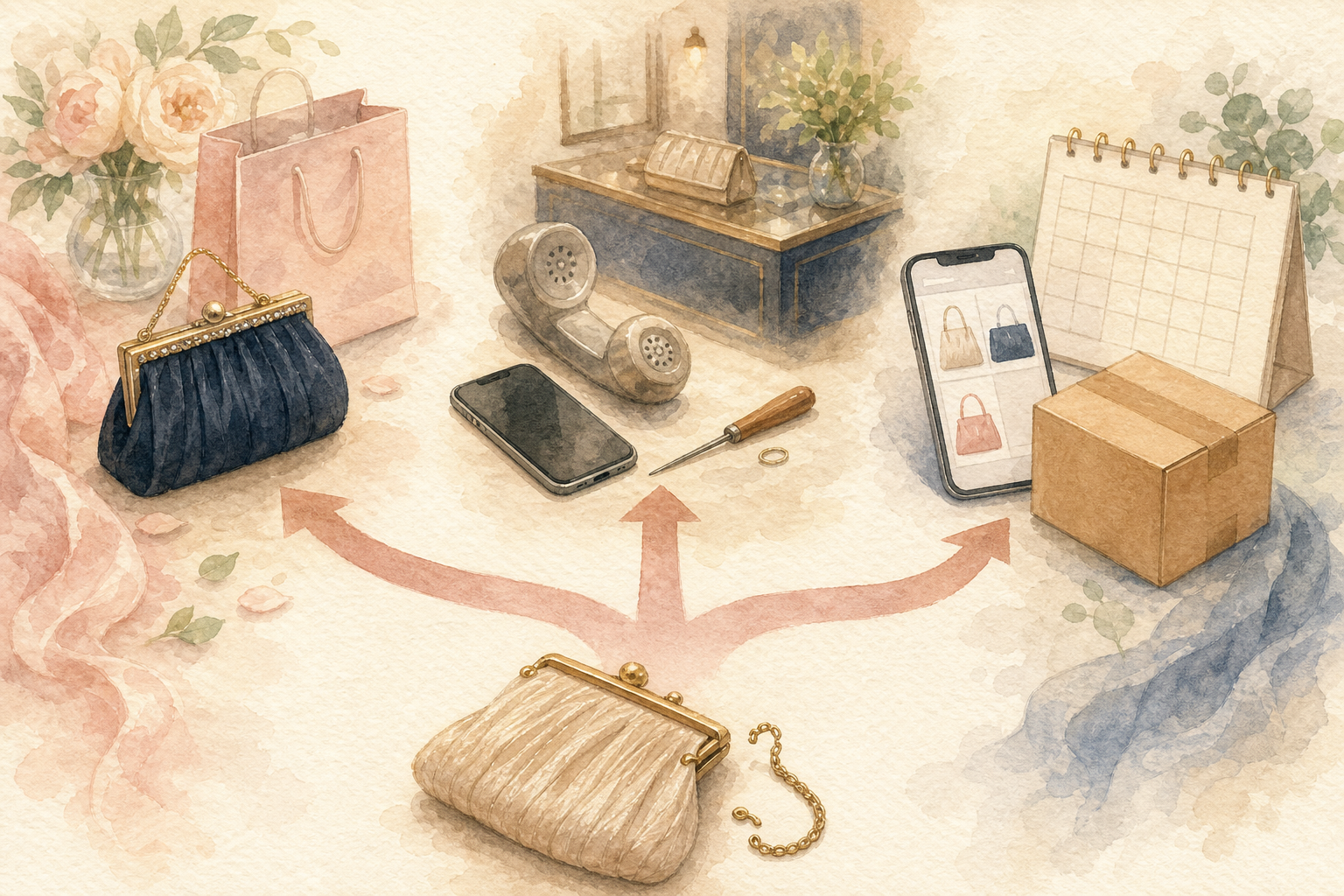 結婚式までの残り時間別に借用や店頭購入、修理、レンタルを選ぶ水彩イラスト