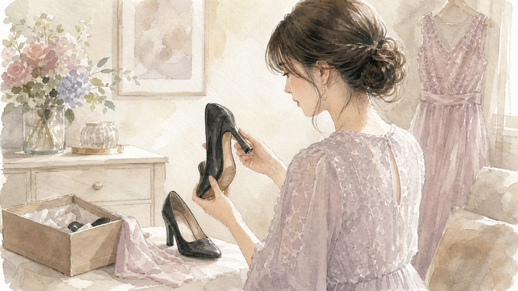 結婚式前にかかとが壊れたパンプスを確認する女性の水彩イラスト