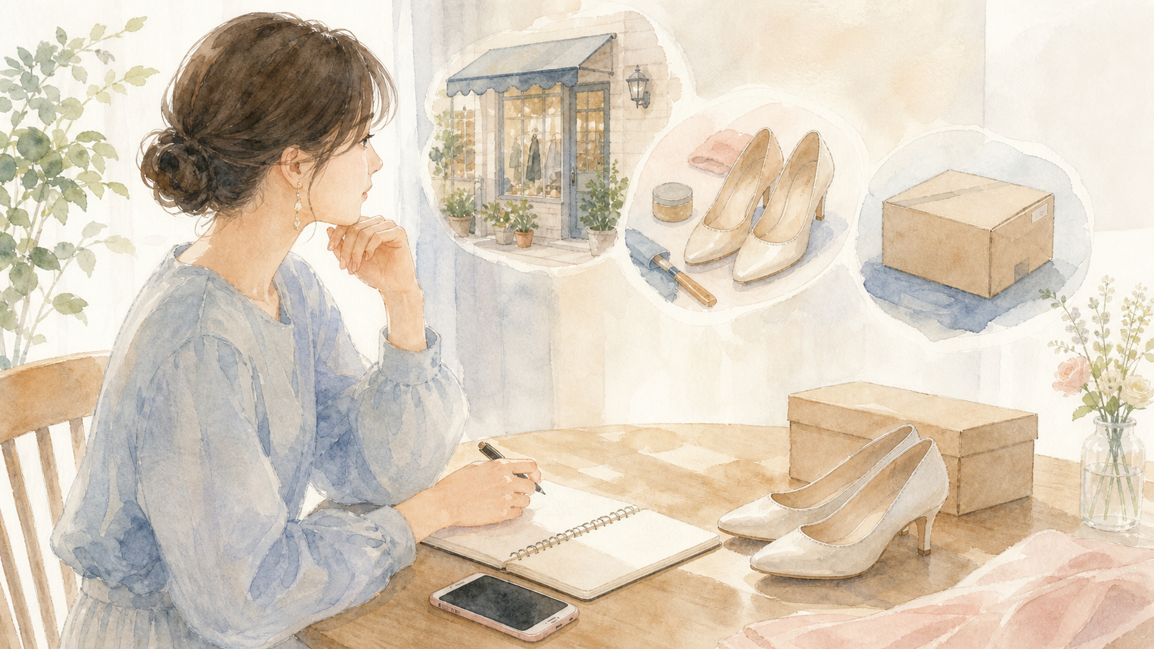 結婚式までの残り時間から店頭購入や修理、配送レンタルを検討する水彩イラスト