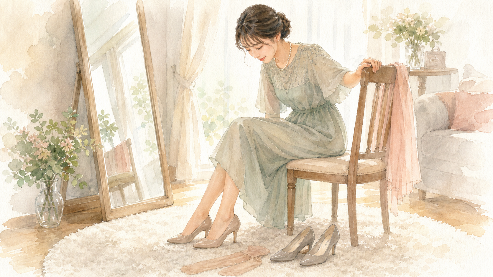 結婚式用パンプスを清潔な室内で試着し歩きやすさを確認する水彩イラスト