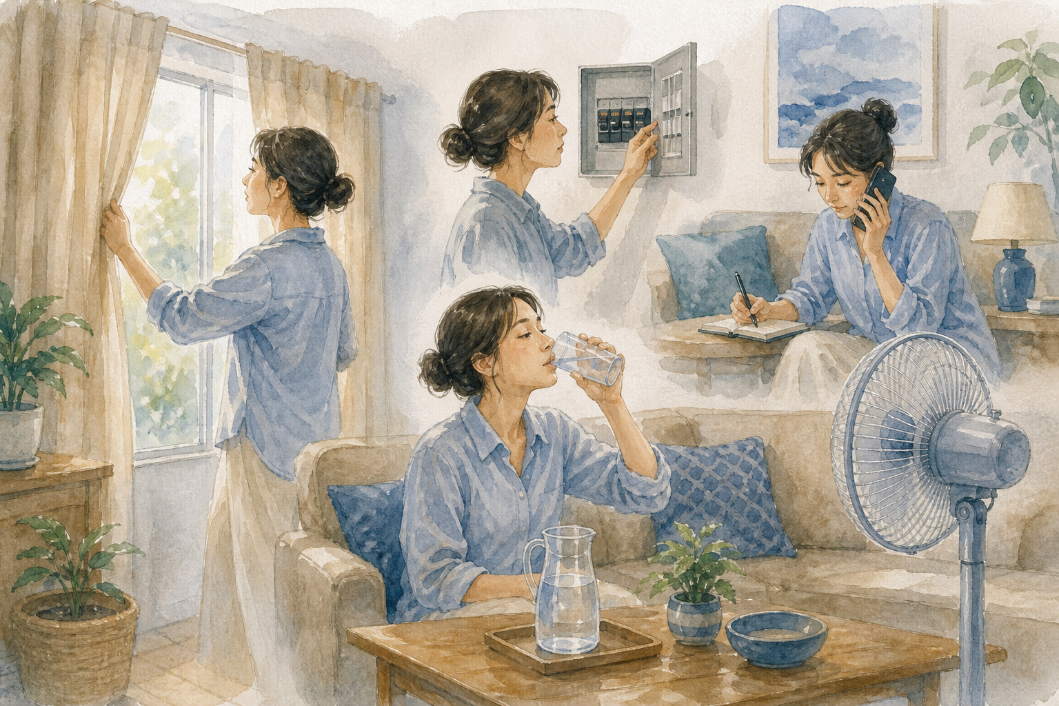 エアコン 壊れた 死にそうの確認手順を進める水彩イラスト