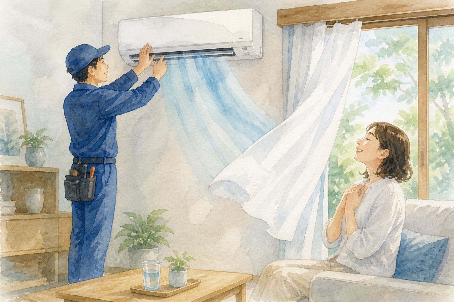 エアコン 壊れた 死にそうを解決した場面を描いた水彩イラスト
