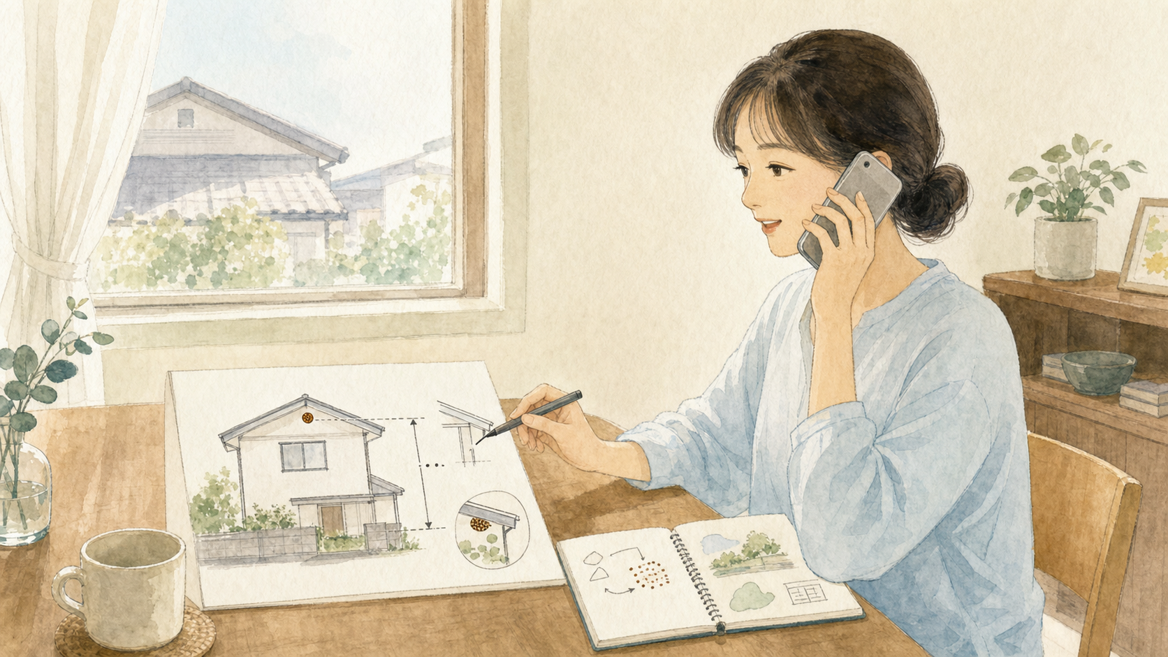 蜂の巣の場所と高さをメモして室内から駆除相談する水彩イラスト