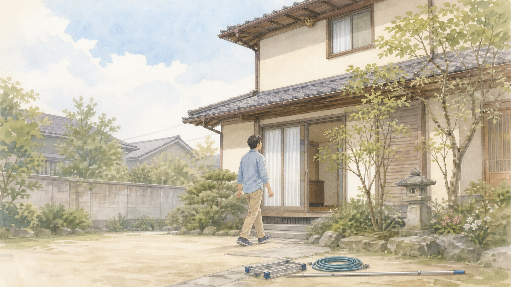 高所の蜂の巣に脚立やホースを使わず距離を取る水彩イラスト