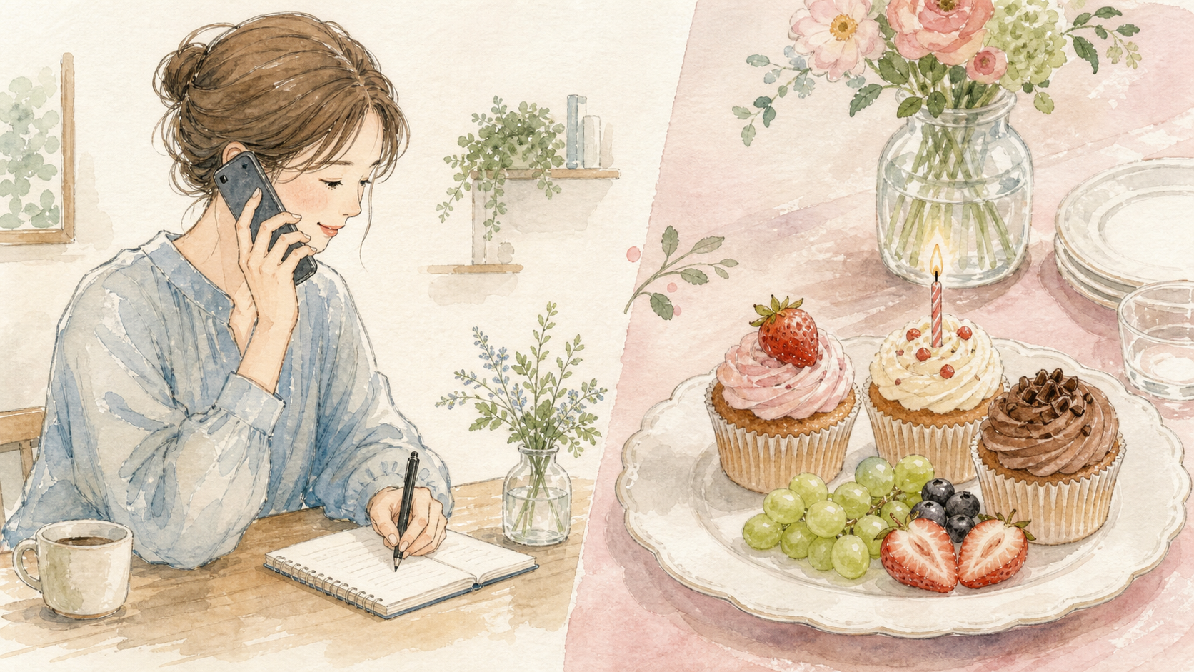 近隣店へ電話しカットケーキと果物で誕生日の皿を用意する水彩イラスト