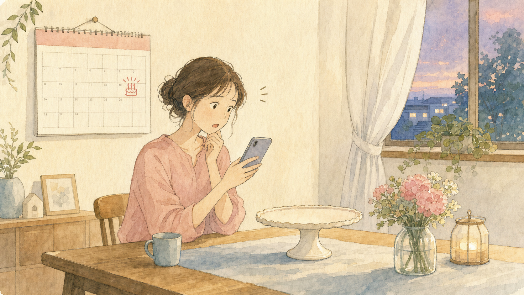 翌日の誕生日ケーキを忘れていたことに気づきスマホで探す水彩イラスト