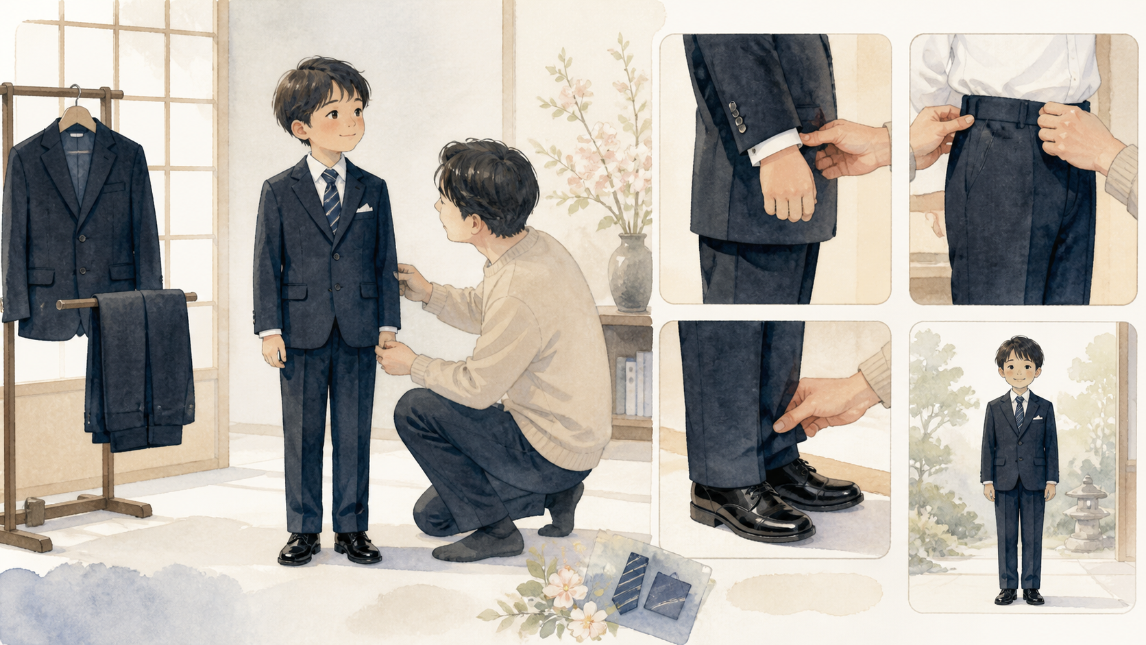 入学式 スーツ 男の子 ブカブカの確認手順を進める水彩イラスト