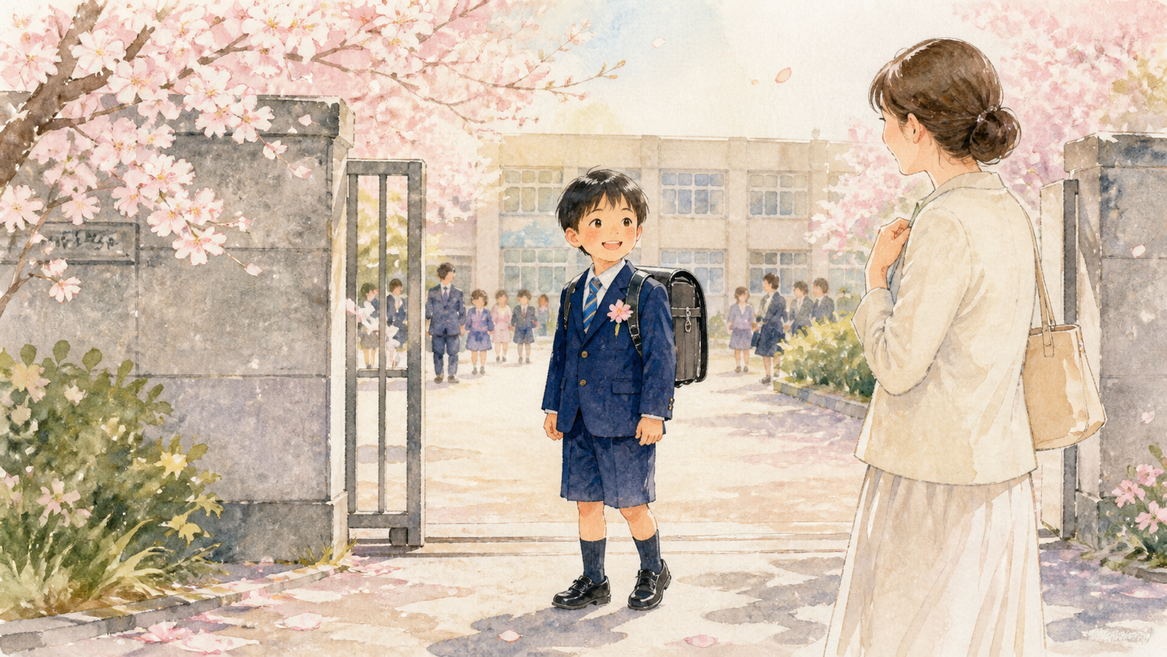入学式 スーツ 男の子 ブカブカを解決した場面を描いた水彩イラスト