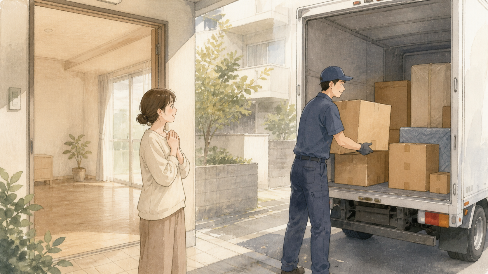 同棲解消 荷物 多い 車ないを解決した場面を描いた水彩イラスト