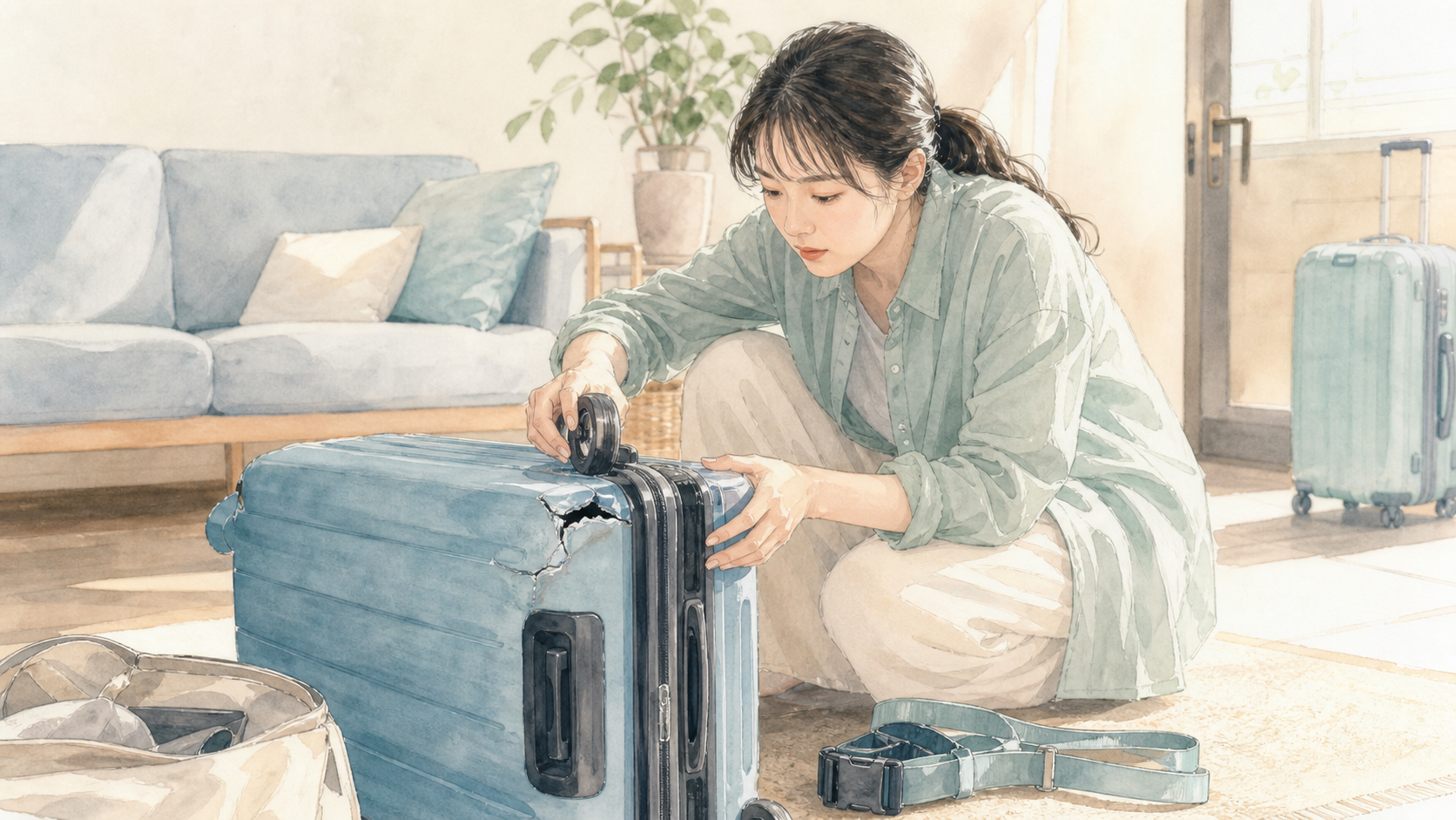 スーツケースのひびや取っ手を確認する水彩イラスト