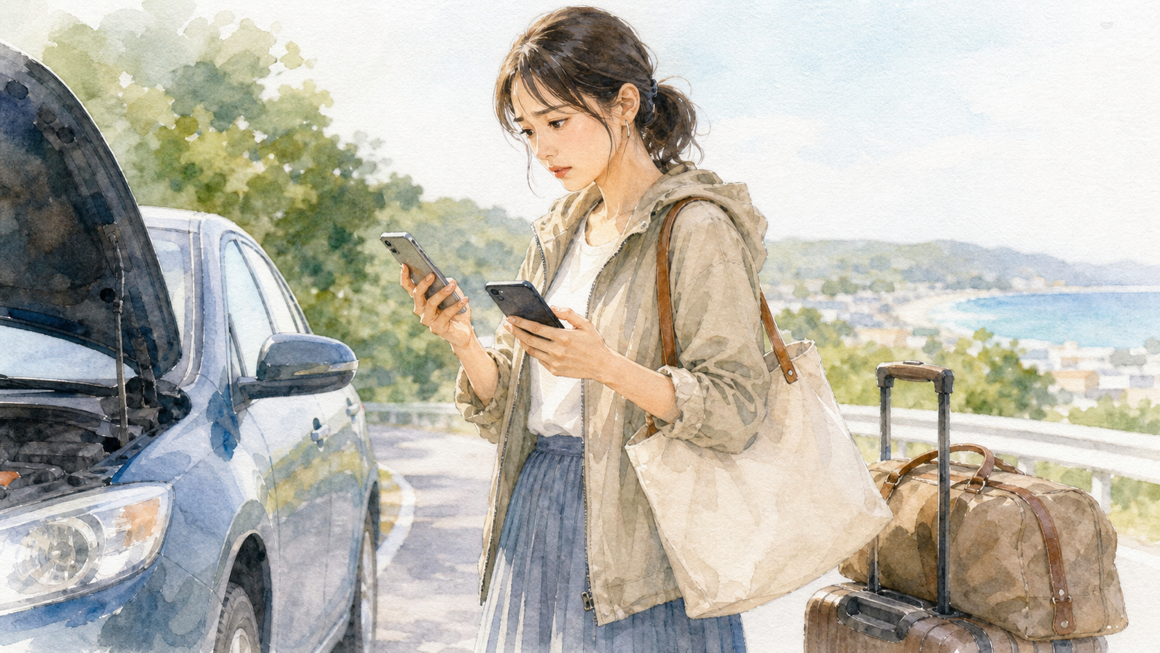 修理と旅行の判断を分けて確認する水彩イラスト