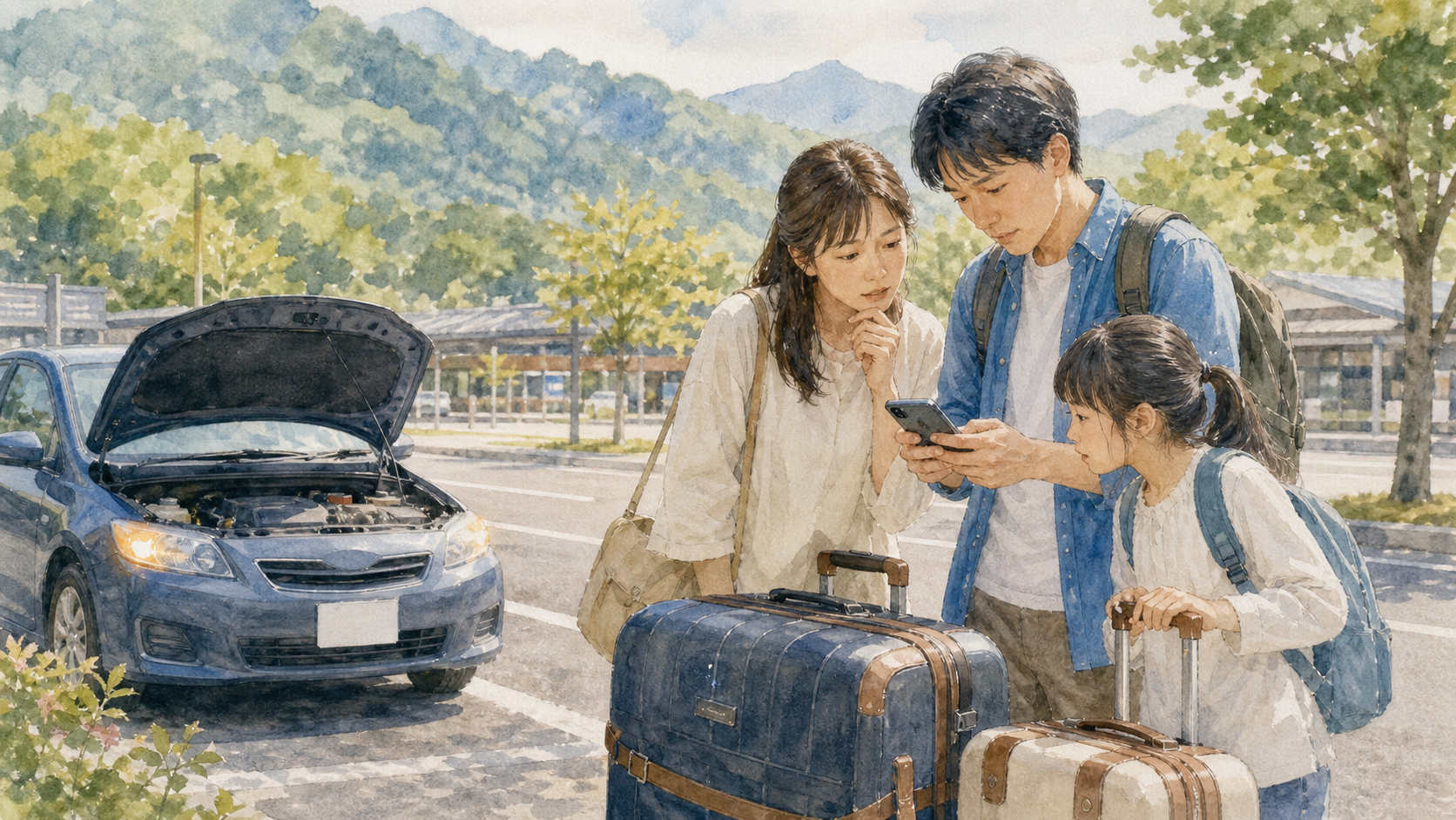 旅行前に車が故障した場面の水彩イラスト