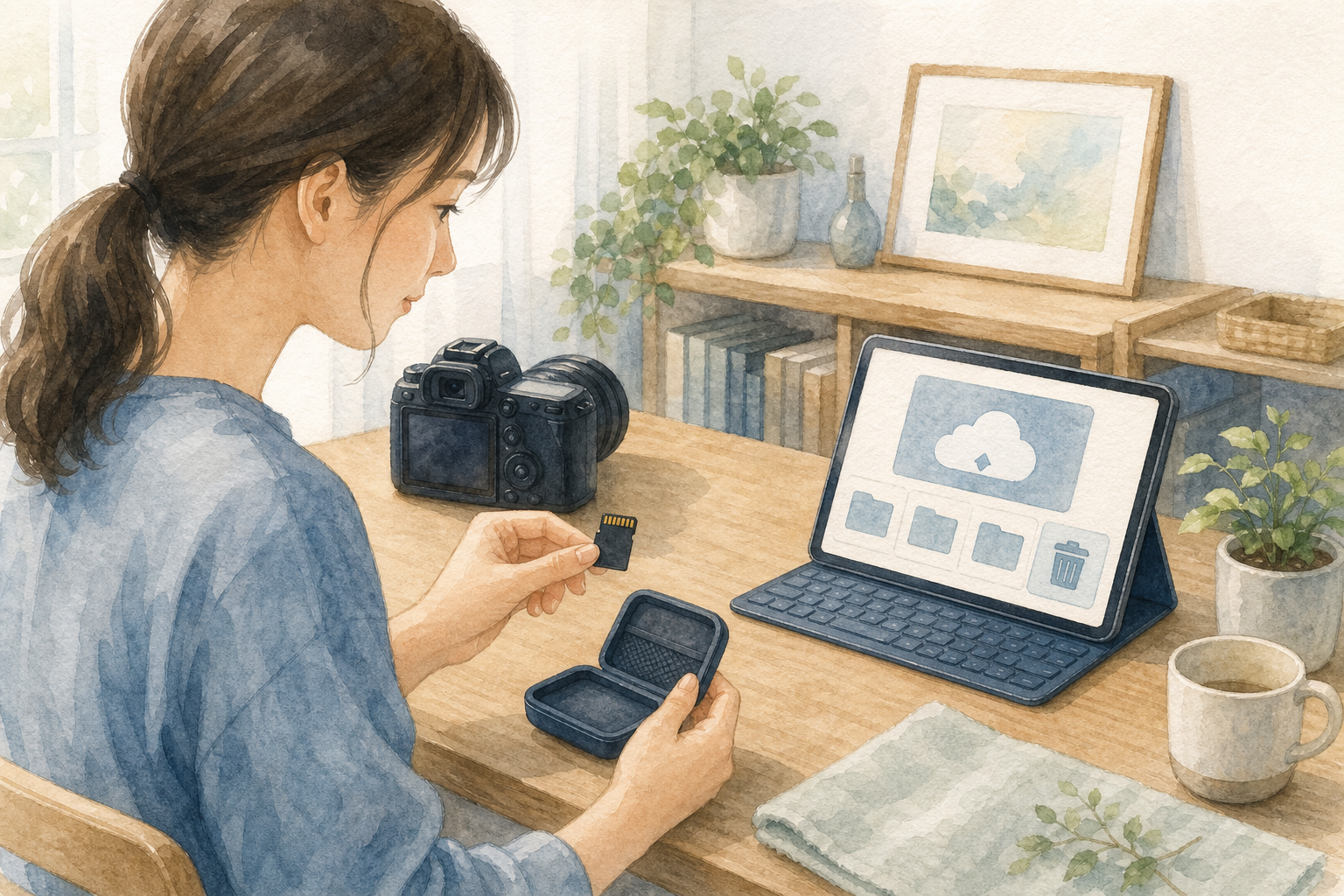 クラウドや家族の端末に子どもの写真が残っていないか確認する水彩イラスト