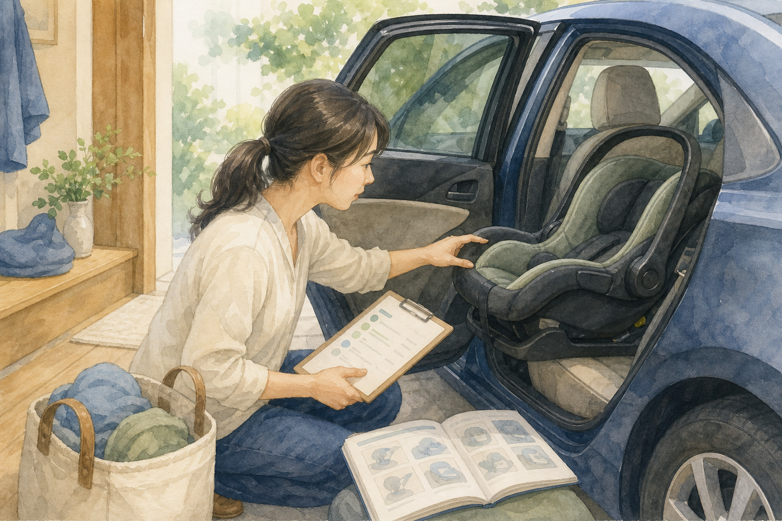 子どもの体格と車種に合うチャイルドシートを確認する水彩イラスト